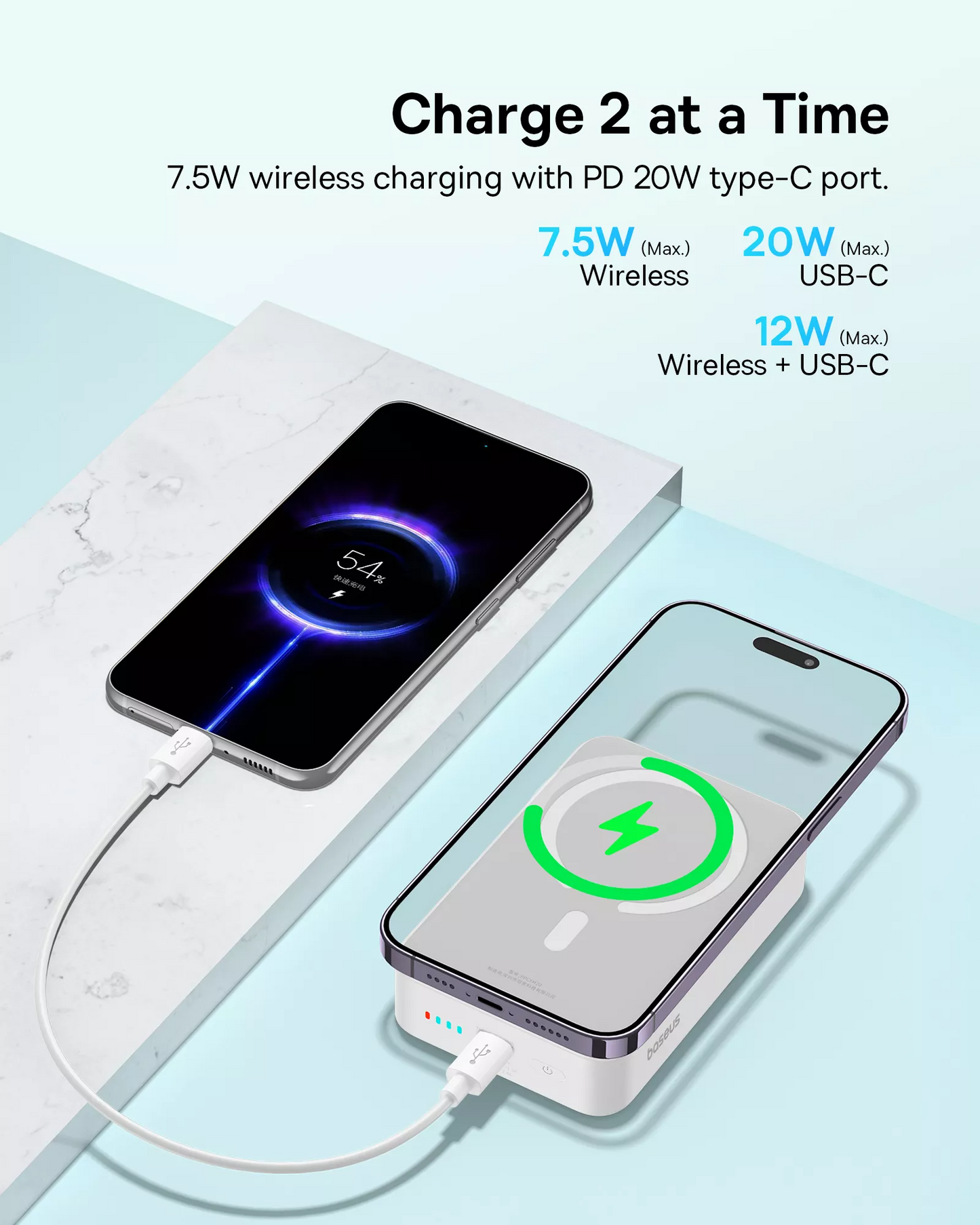 Trådløs Ekstern Batteri Baseus EnerFill FM41 Mini, 20000mAh, 20W, PD + FQI, 1 x QI - 1 x USB-C, Hvid E0027U01
