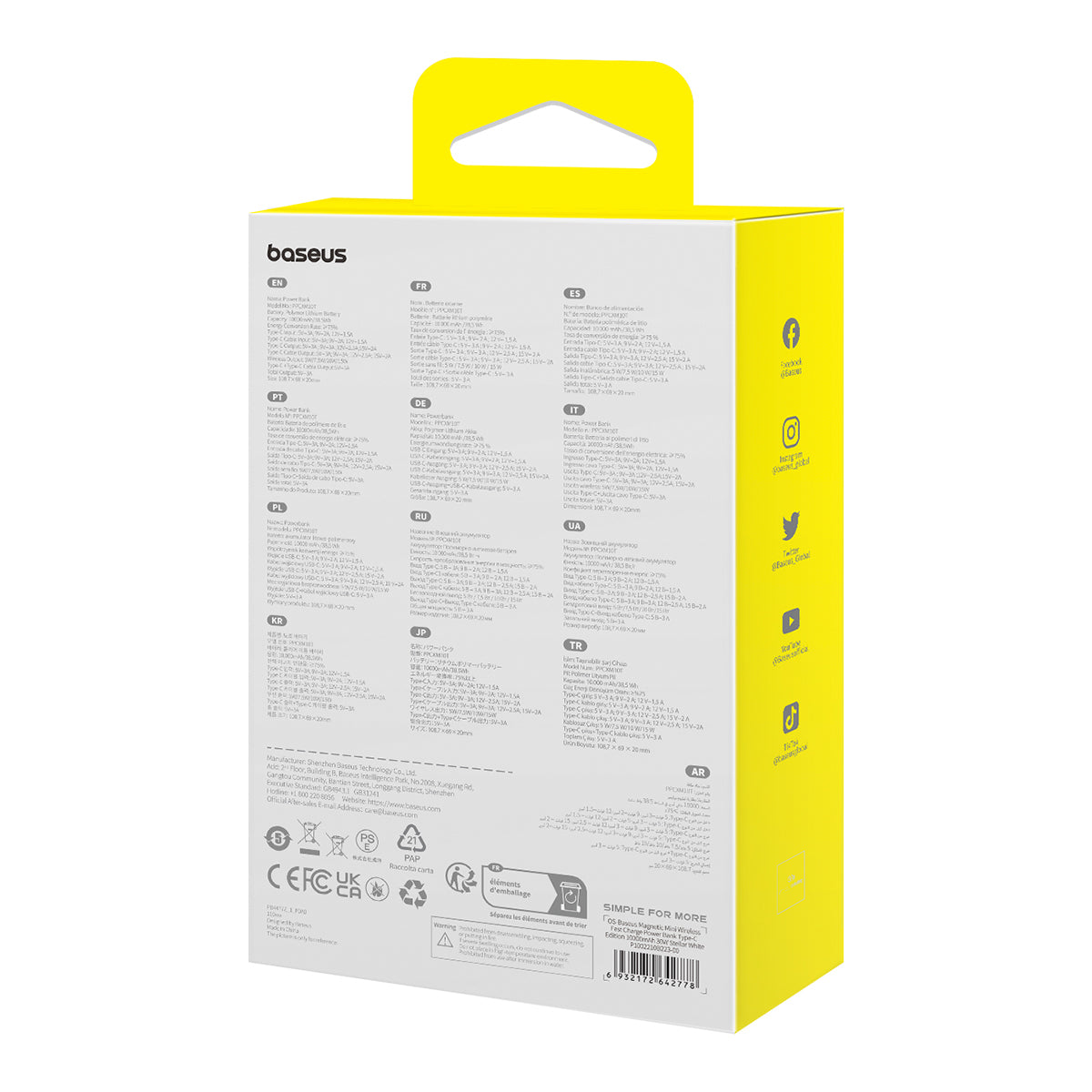 Ekstern Trådløs Batteri Baseus Magnetic Mini, 10000mAh, 30W, PD + FQI, 1 x QI - 2 x USB-C, Hvid P1002210B223-00
