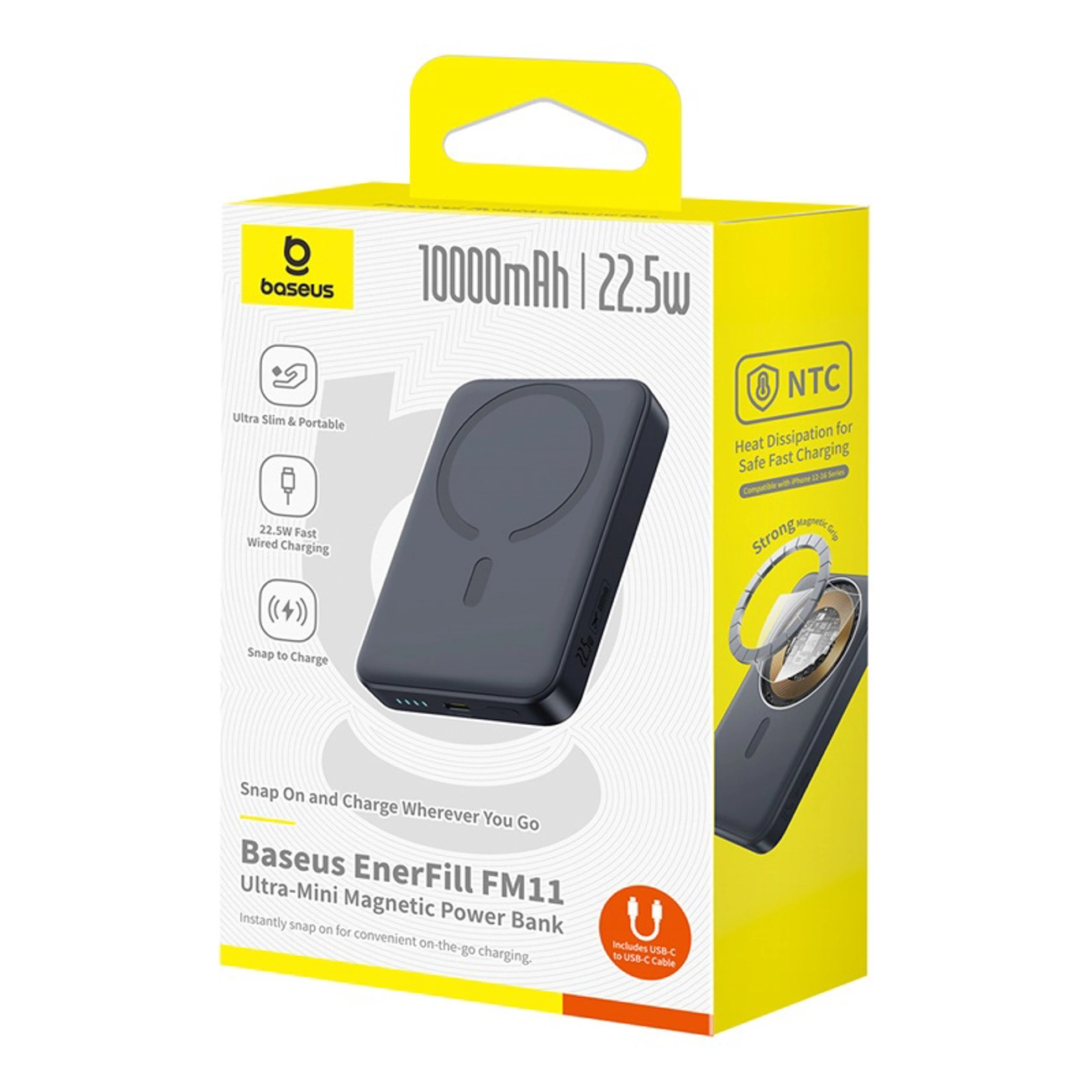 Ekstern trådløs batteri Baseus EnerFill FM11 Ultra-Mini, 10000mAh, 22.5W, PD + FQI, 1 x QI - 1 x USB-C, Sort P1008210E123-00