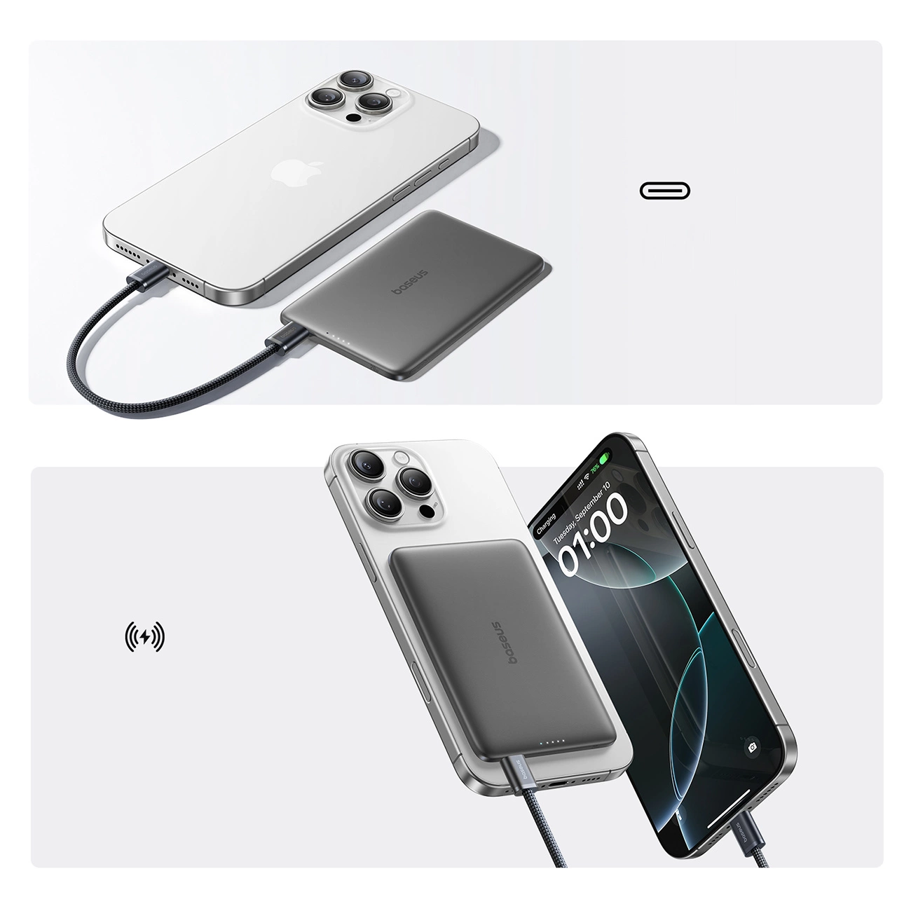 Ekstern trådløs batteri Baseus PicoGo AM41, 5000mAh, 20W, PD + FQI, 1 x QI - 1 x USB-C, Sort