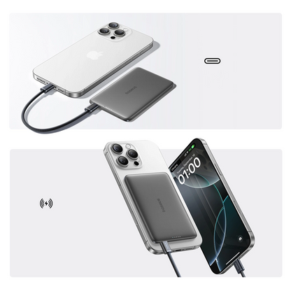 Ekstern trådløs batteri Baseus PicoGo AM41, 5000mAh, 20W, PD + FQI, 1 x QI - 1 x USB-C, Sort
