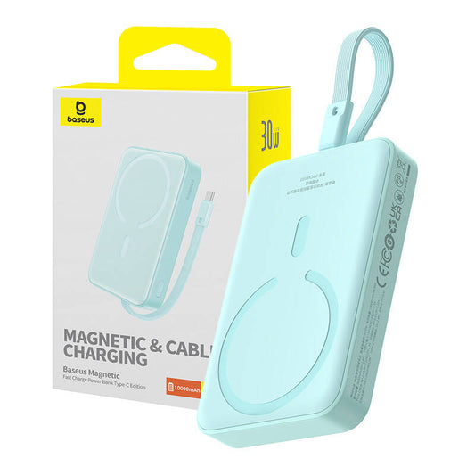 Baseus Magnetic Mini Wireless External Battery, 10000mAh, 30W, PD + FQI, 1 x Lightning - 1 x QI - 1 x USB-C, Blue P1002210B333-00