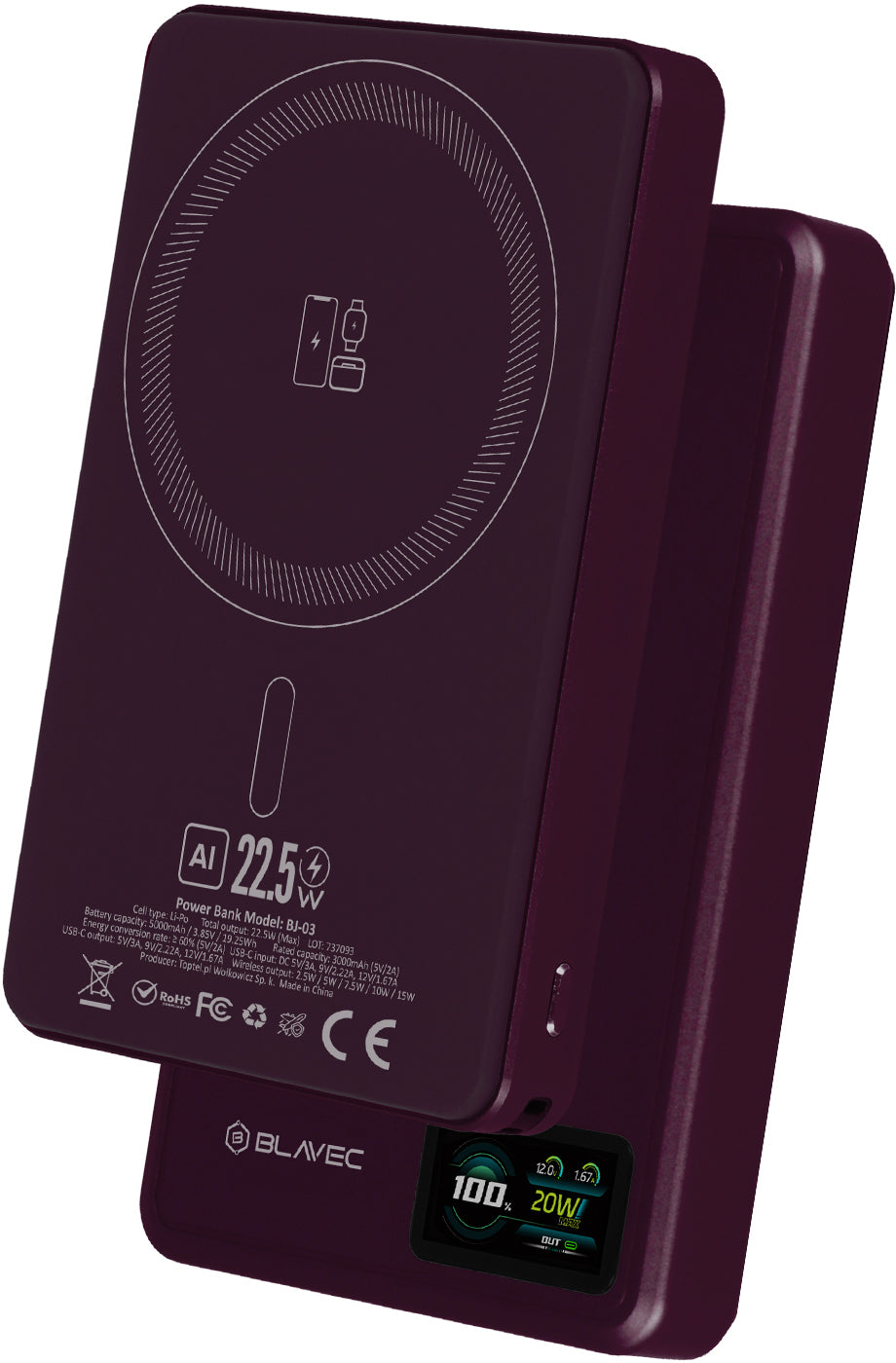 Blavec BJ-03 Slim trådløs powerbank, 10000 mAh, 22,5 W, PD + FQI, 1 x QI – 1 x USB-C, lilla