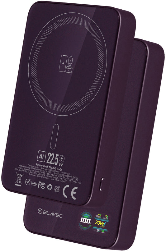 Blavec BJ-04 Slim trådløs powerbank, 10000 mAh, 22,5 W, PD + FQI, 1 x QI – 1 x USB-C, lilla