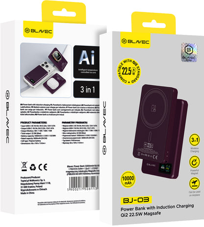 Blavec BJ-03 Slim trådløs powerbank, 10000 mAh, 22,5 W, PD + FQI, 1 x QI – 1 x USB-C, lilla
