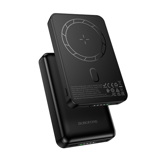 Ekstern trådløs batteri Borofone BJ82 Dawn, 5000mAh, 10W, 1 x QI - 1 x USB-A, Sort