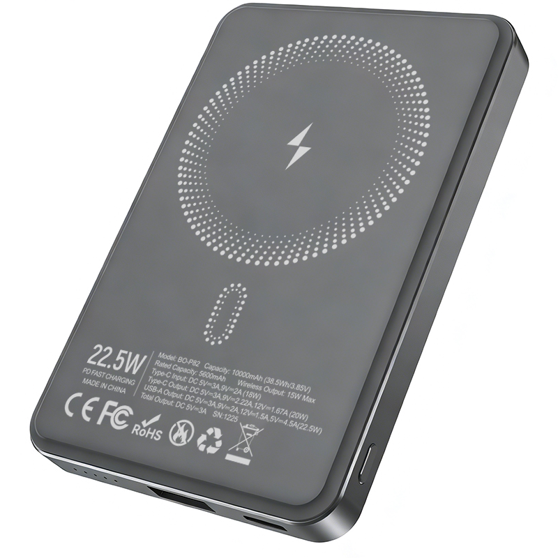 Trådløs Ekstern Batteri BWOO BO-P82, 10000mAh, 22,5W, PD + FQI, 1 x QI - 1 x USB-C, Grå