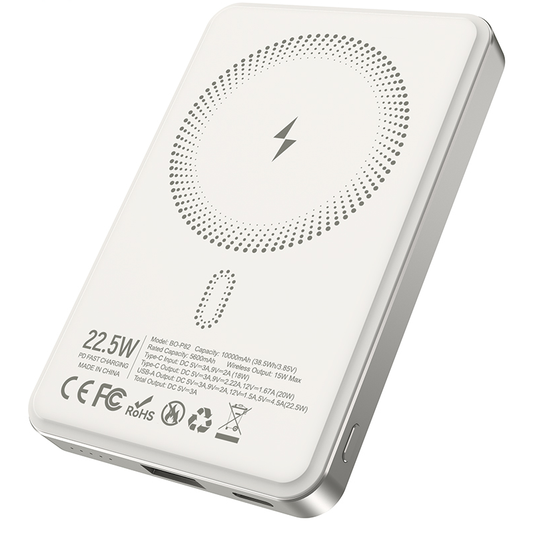 Trådløs Ekstern Batteri BWOO BO-P82, 10000mAh, 22,5W, PD + FQI, 1 x QI - 1 x USB-C, Hvid