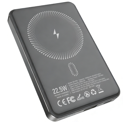 Trådløs Ekstern Batteri BWOO BO-P82, 10000mAh, 22,5W, PD + FQI, 1 x QI - 1 x USB-C, Grå