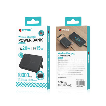 BWOO BO-P59 Wireless External Battery, 10000mAh, 20W, PD + FQI, 1 x QI - 1 x USB-C, Black