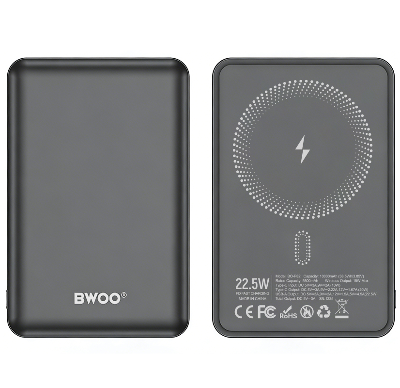 Trådløs Ekstern Batteri BWOO BO-P82, 10000mAh, 22,5W, PD + FQI, 1 x QI - 1 x USB-C, Grå