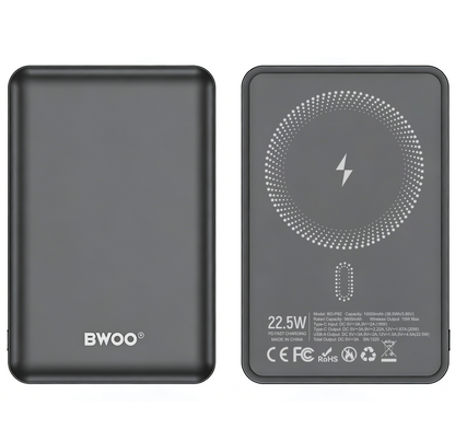 Trådløs Ekstern Batteri BWOO BO-P82, 10000mAh, 22,5W, PD + FQI, 1 x QI - 1 x USB-C, Grå