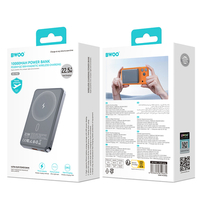 Trådløs Ekstern Batteri BWOO BO-P82, 10000mAh, 22,5W, PD + FQI, 1 x QI - 1 x USB-C, Grå