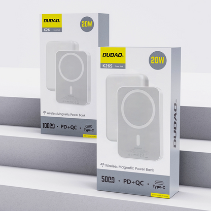 Ekstern trådløs batteri Dudao K26s, 5000mAh, 20W, PD + FQI, 1 x QI - 1 x USB-C, Hvid