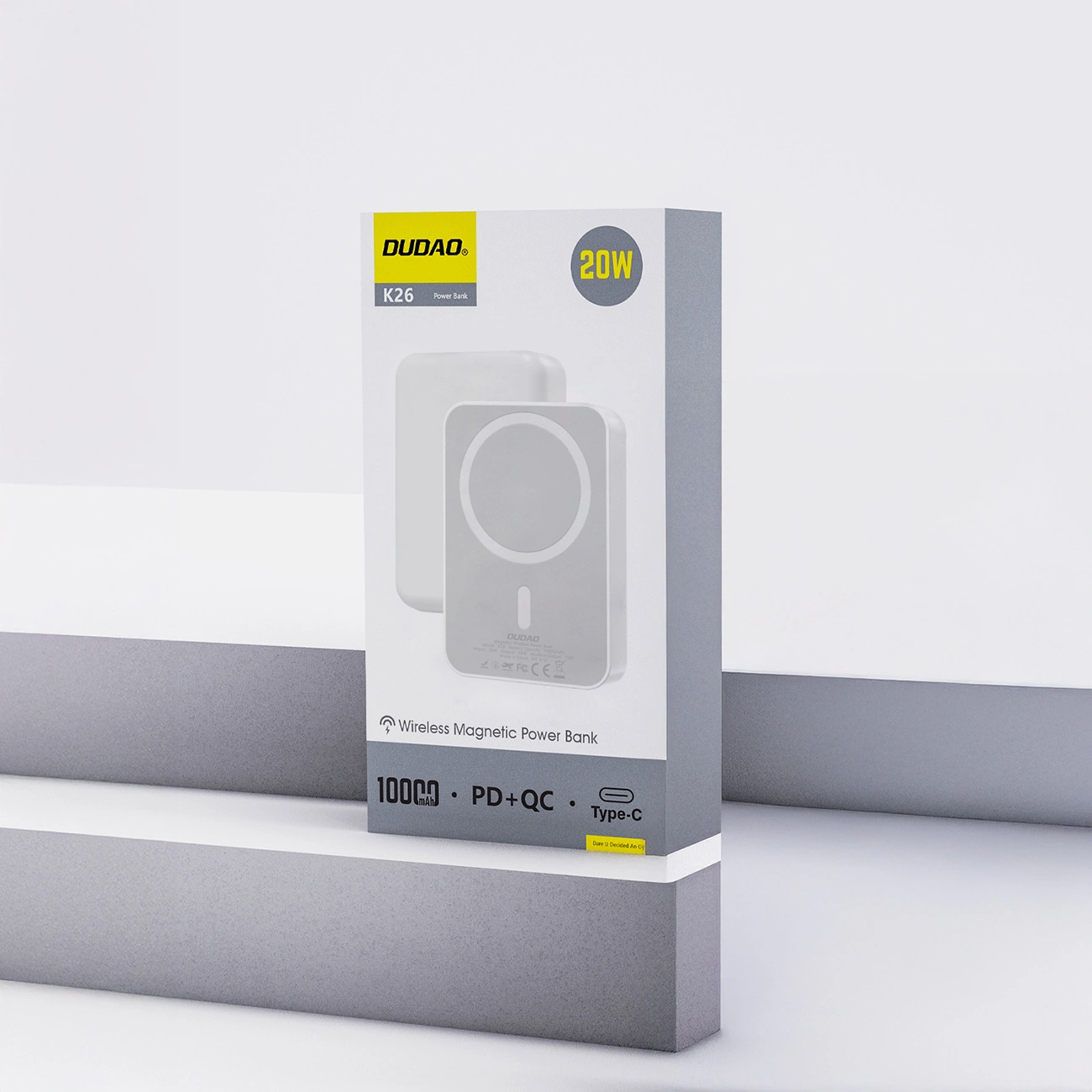 Ekstern trådløs batteri Dudao K26, 10000mAh, 20W, PD + FQI, 1 x QI - 1 x USB-C, Hvid