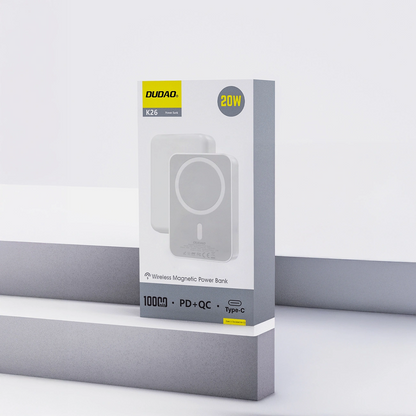 Ekstern trådløs batteri Dudao K26, 10000mAh, 20W, PD + FQI, 1 x QI - 1 x USB-C, Hvid