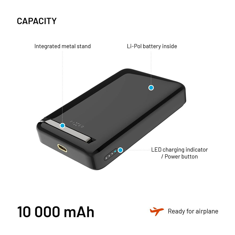 Ekstern trådløs batteri Fixed MagZen 10 Pro, 10000mAh, 30W, PD + FQI, 1 x QI - 1 x USB-C, Sort