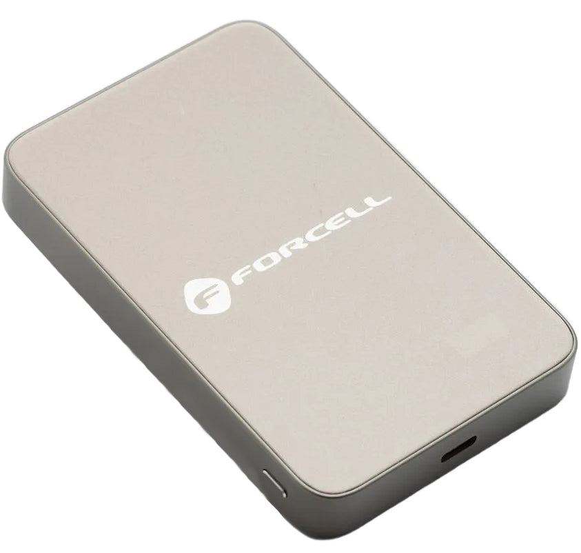 Ekstern trådløs batteri Forcell F5K8, 5000mAh, 15W, PD + FQI, 1 x QI - 1 x USB-C, Gylden