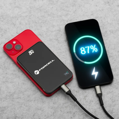 Ekstern trådløs batteri Forcell F5K8, 5000mAh, 15W, PD + FQI, 1 x QI - 1 x USB-C, Sort