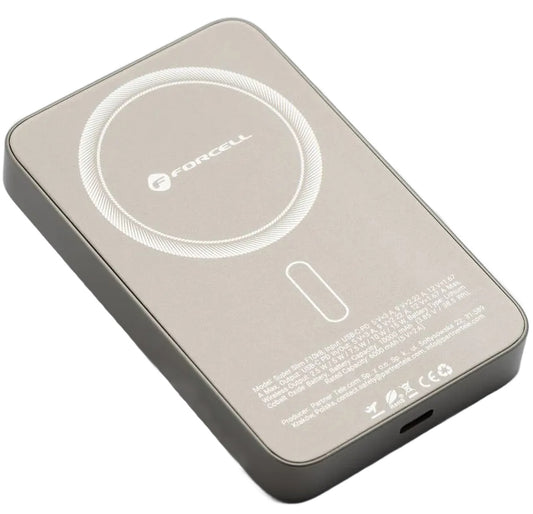 Ekstern trådløs batteri Forcell F10K8, 10000mAh, 15W, PD + FQI, 1 x QI - 1 x USB-C, Gylden