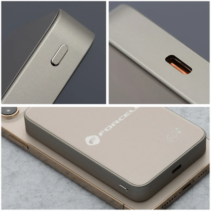 Ekstern trådløs batteri Forcell F5K8, 5000mAh, 15W, PD + FQI, 1 x QI - 1 x USB-C, Gylden