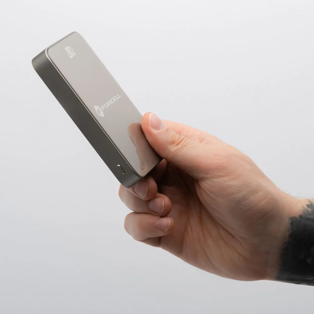 Ekstern trådløs batteri Forcell F5K8, 5000mAh, 15W, PD + FQI, 1 x QI - 1 x USB-C, Gylden