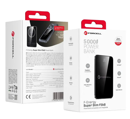 Ekstern trådløs batteri Forcell F5K8, 5000mAh, 15W, PD + FQI, 1 x QI - 1 x USB-C, Sort