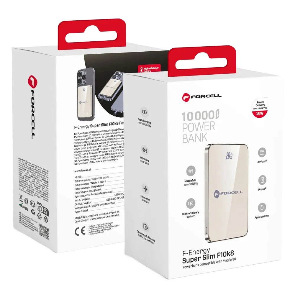 Ekstern trådløs batteri Forcell F10K8, 10000mAh, 15W, PD + FQI, 1 x QI - 1 x USB-C, Gylden