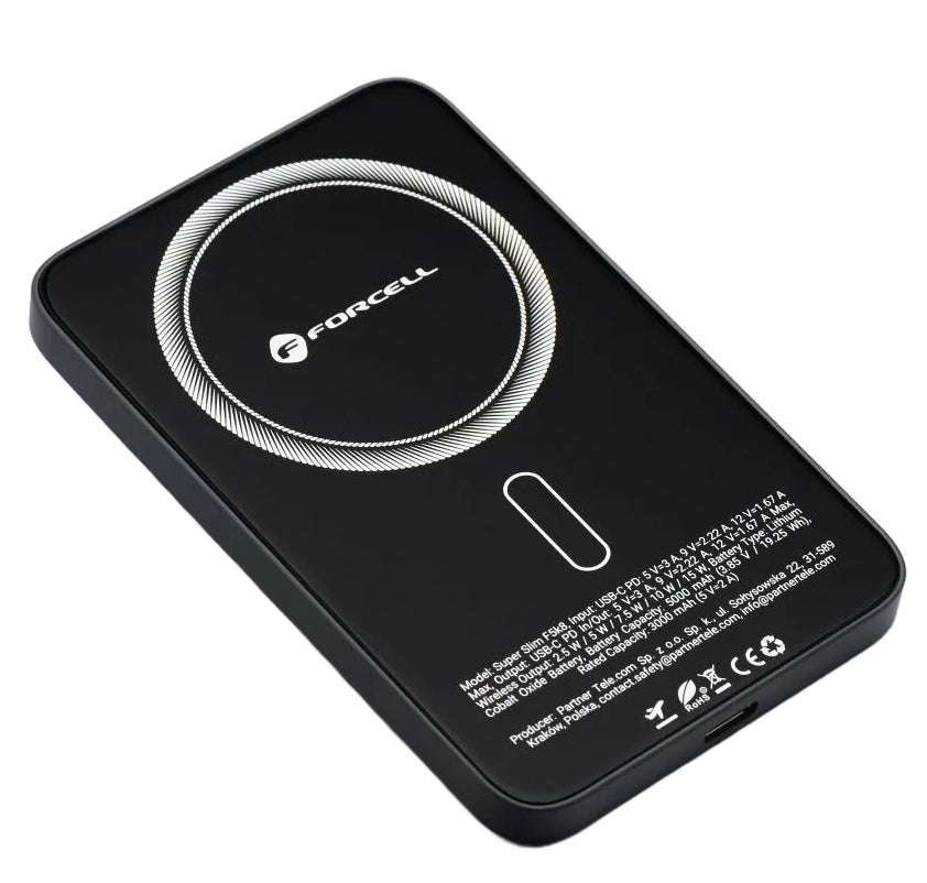 Ekstern trådløs batteri Forcell F5K8, 5000mAh, 15W, PD + FQI, 1 x QI - 1 x USB-C, Sort