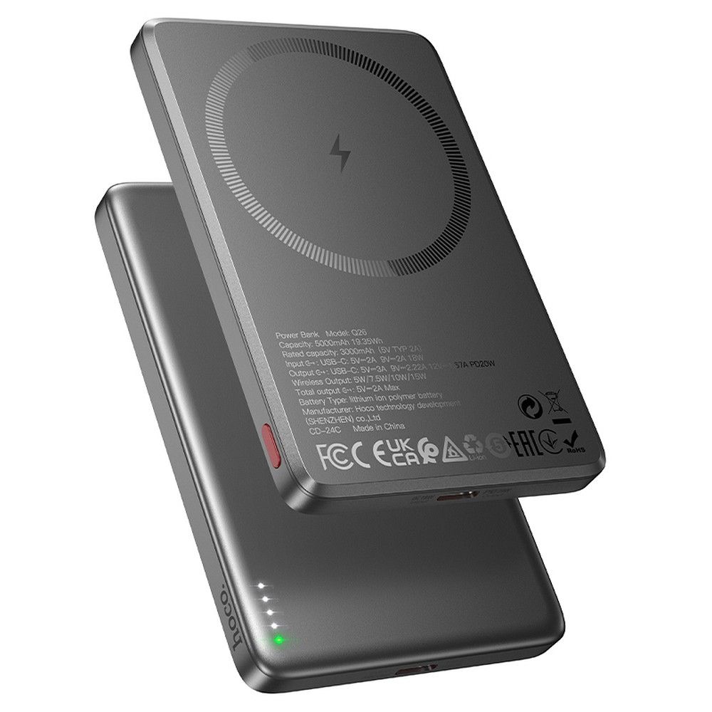 Trådløs Ekstern Batteri HOCO Q26, 5000mAh, 20W, PD + FQI, 1 x QI - 1 x USB-C, Grå