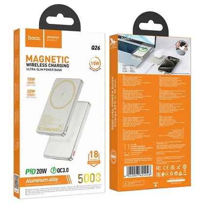Trådløs Ekstern Batteri HOCO Q26, 5000mAh, 20W, PD + FQI, 1 x QI - 1 x USB-C, Orange
