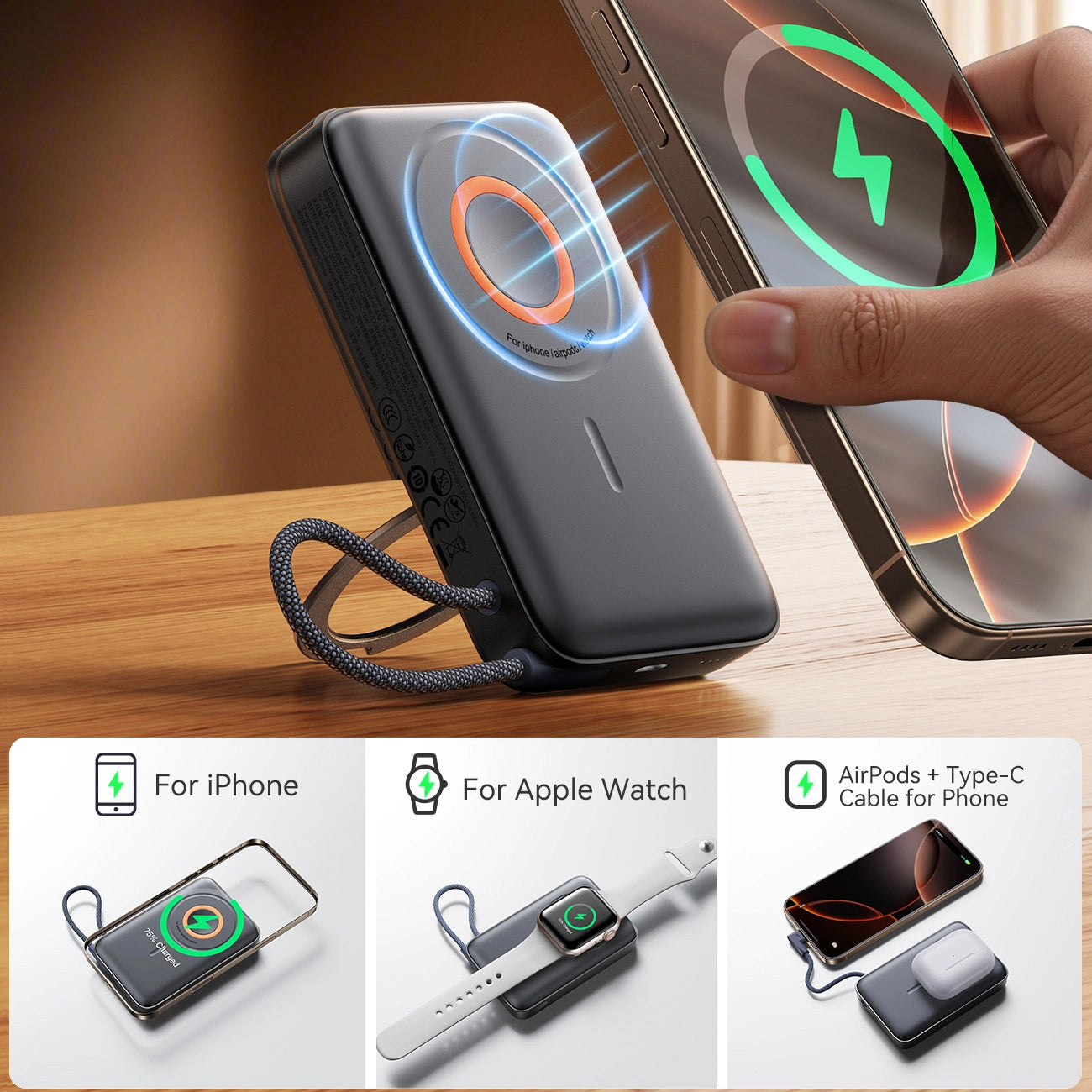 Ekstern trådløs batteri Joyroom JR-PBM02, 10000mAh, 22.5W, PD + FQI, 1 x QI - 2 x USB-C, Sort