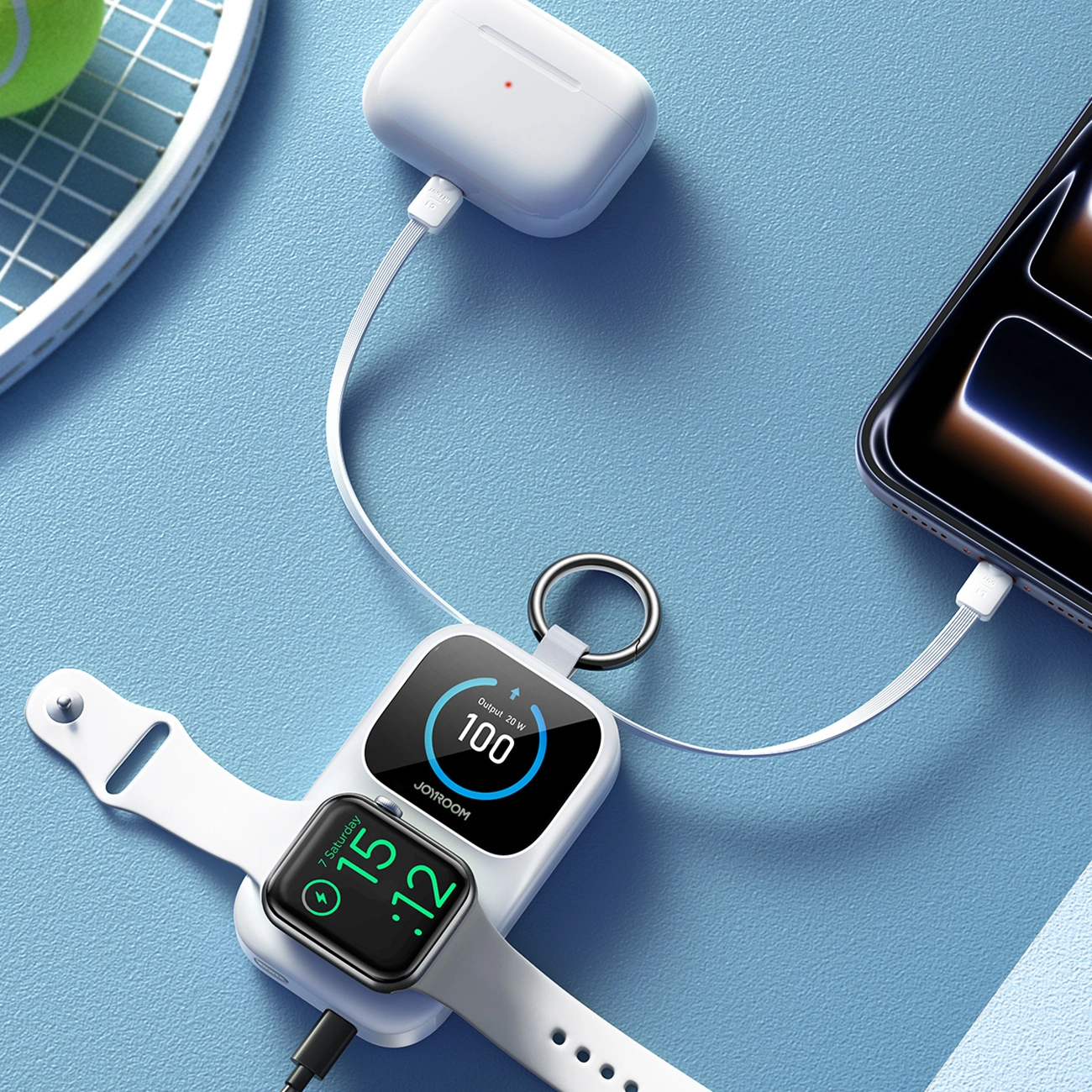 Joyroom JR-W19 trådløs ekstern batteri, 5000mAh, 20W, QC + PD, 1 x Lightning - 1 x QI - 2 x USB-C, Hvid
