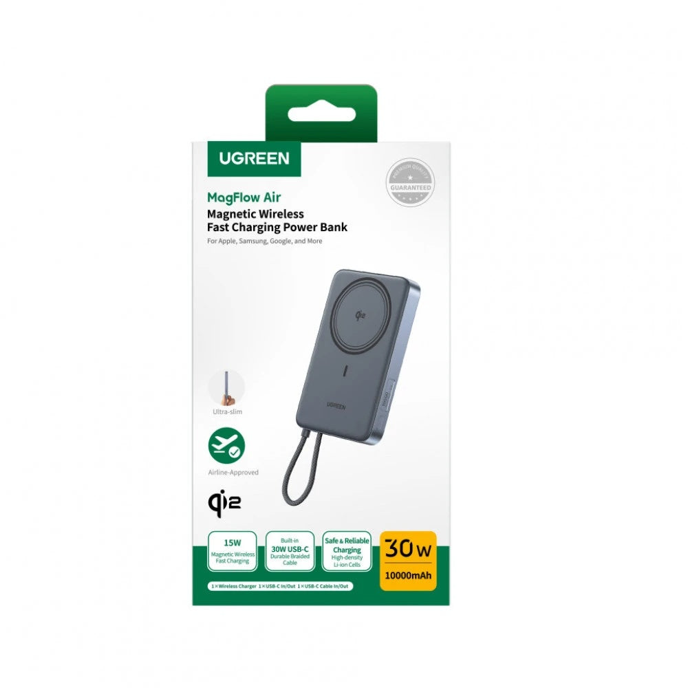 UGREEN PB570 trådløs powerbank (75982B), 10000 mAh, 30 W, PD + FQI, 1 x Qi – 2 x USB-C, grå