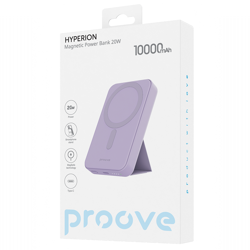 Ekstern Trådløs Batteri Proove Hyperion, 10000mAh, 20W, PD + FQI, 1 x QI - 1 x USB-C, Lilla