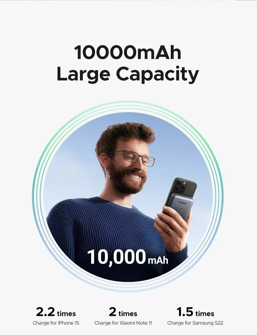 Ekstern Trådløs Batteri UGREEN PB562, 10000mAh, 20W, PD + FQI, 1 x QI - 1 x USB-C, Sort