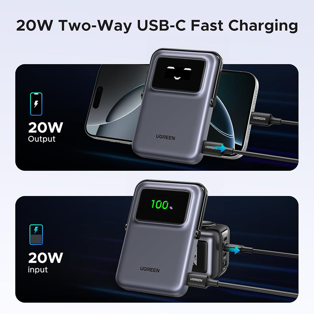 Ekstern Trådløs Batteri UGREEN PB764 Uno, 10000mAh, 20W, PD + FQI, 1 x QI - 1 x USB-C, Grå