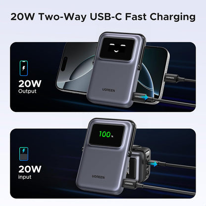Ekstern Trådløs Batteri UGREEN PB764 Uno, 10000mAh, 20W, PD + FQI, 1 x QI - 1 x USB-C, Grå