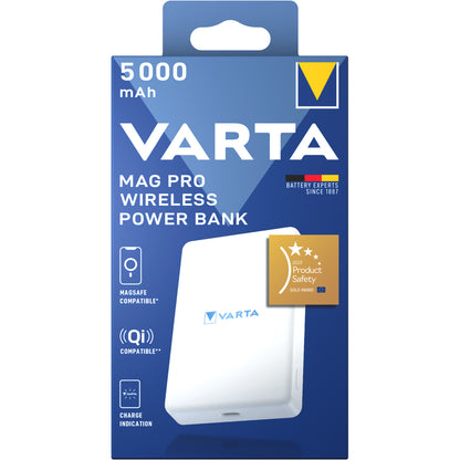 Ekstern trådløs batteri Varta Mag Pro, 5000mAh, 12W, 1 x QI - 1 x USB-C, Hvid