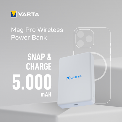 Ekstern trådløs batteri Varta Mag Pro, 5000mAh, 12W, 1 x QI - 1 x USB-C, Hvid
