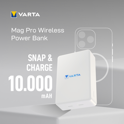 Varta Mag Pro Wireless External Battery, 10000mAh, 20W, 1 x QI - 2 x USB-C, White