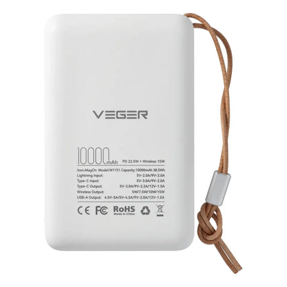 Ekstern Trådløs Batteri Veger VP1151 / W1151, 10000mAh, 22.5W, QC + PD + FQI, 1 x QI - 1 x USB-A - 1 x USB-C, Hvid