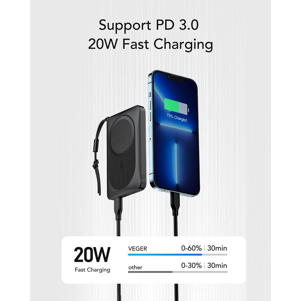 Ekstern trådløs batteri Veger VP1151 / W1151, 10000mAh, 22.5W, QC + PD + FQI, 1 x QI - 1 x USB-A - 1 x USB-C, Sort