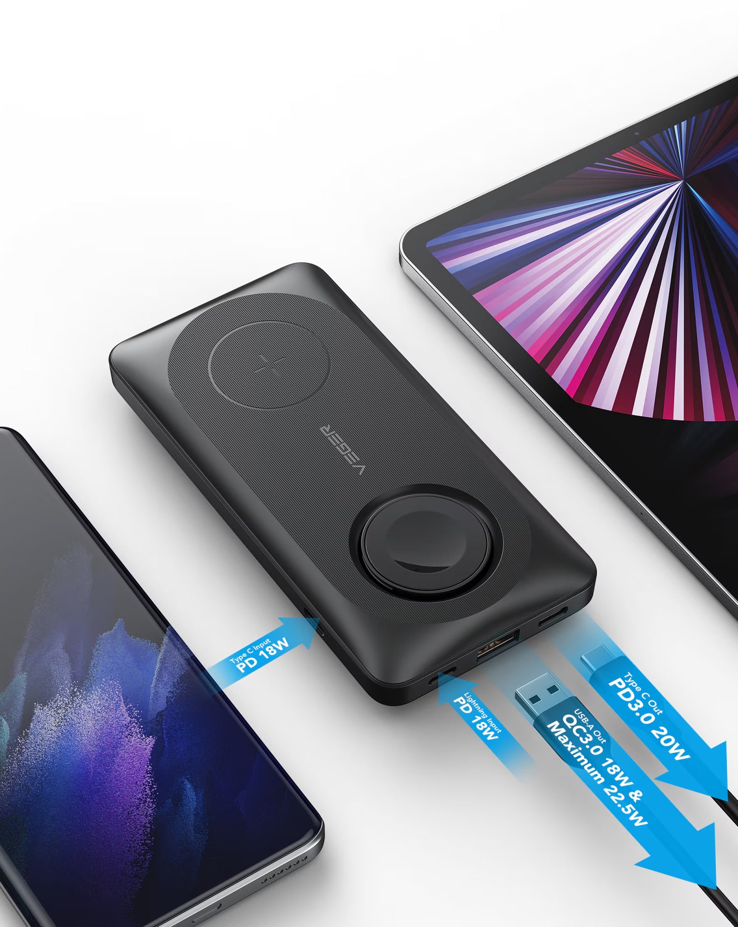 Ekstern Trådløs Batteri Veger MagMulti W1156, 10000mAh, 22.5W, QC + PD + FQI, 2 x QI - 1 x USB-A - 1 x USB-C, Sort