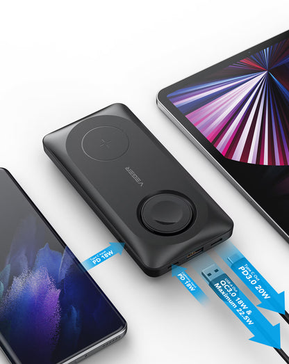 Ekstern Trådløs Batteri Veger MagMulti W1156, 10000mAh, 22.5W, QC + PD + FQI, 2 x QI - 1 x USB-A - 1 x USB-C, Sort