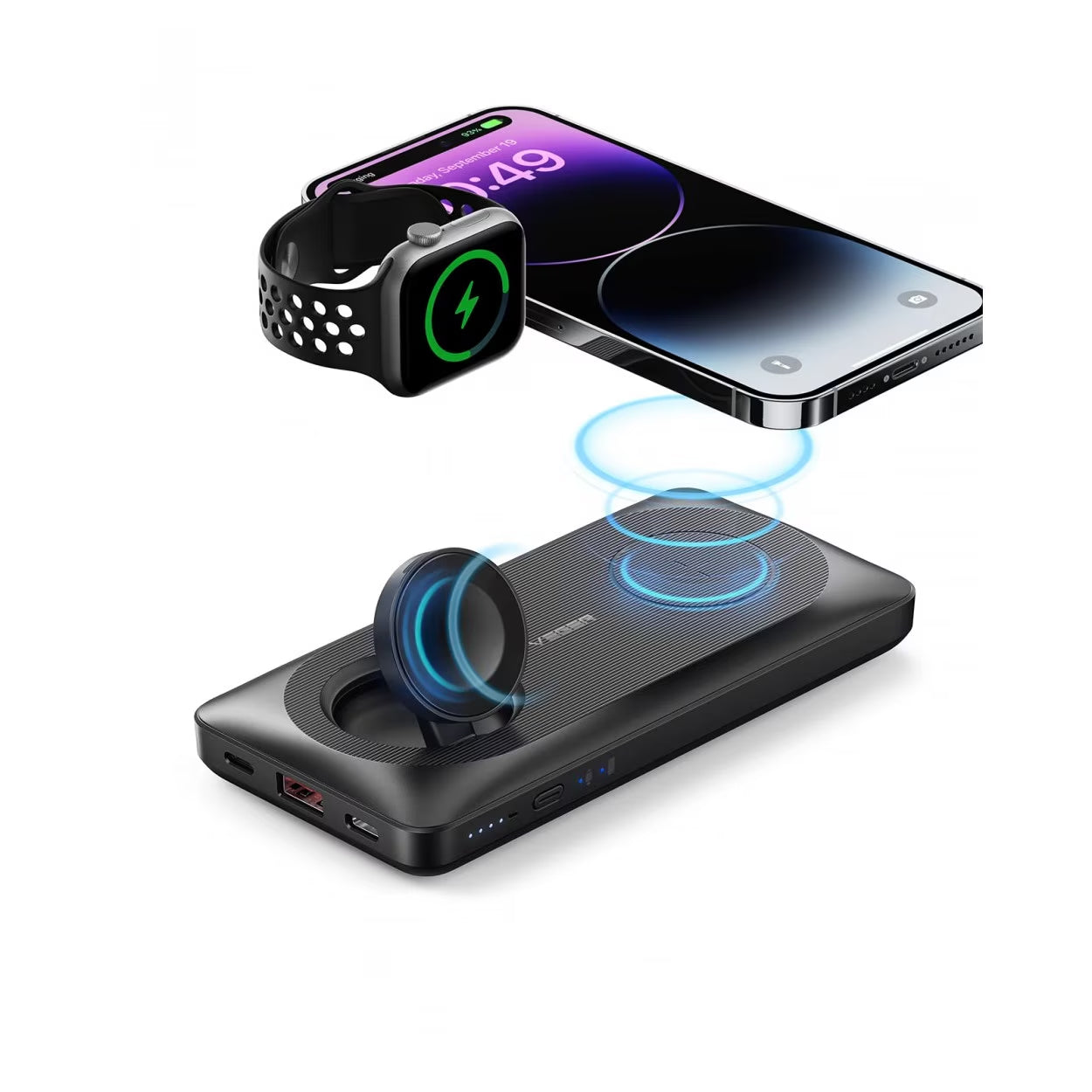 Ekstern Trådløs Batteri Veger MagMulti W1156, 10000mAh, 22.5W, QC + PD + FQI, 2 x QI - 1 x USB-A - 1 x USB-C, Sort