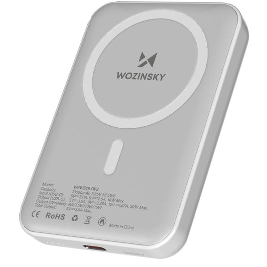 Ekstern trådløs batteri WZK WRW349YWS, 10000mAh, 20W, PD + FQI, 1 x QI - 1 x USB-C, Hvid