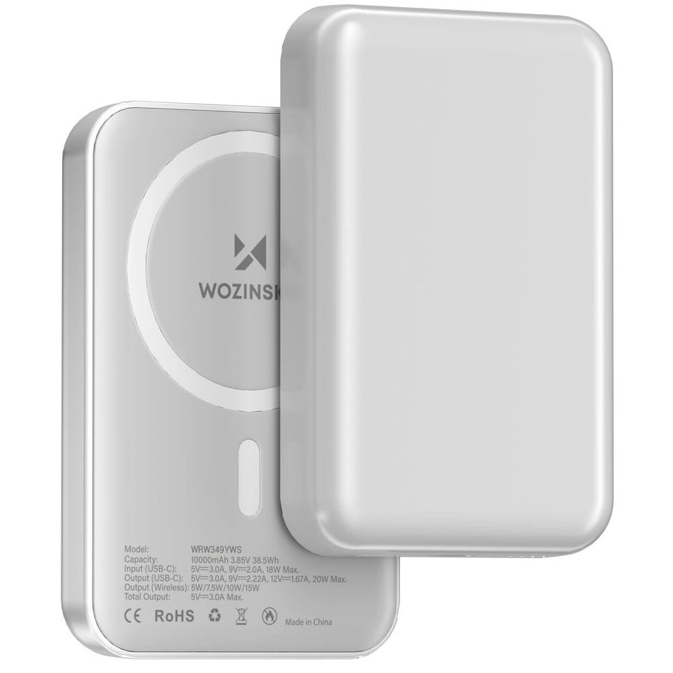 Ekstern trådløs batteri WZK WRW349YWS, 10000mAh, 20W, PD + FQI, 1 x QI - 1 x USB-C, Hvid