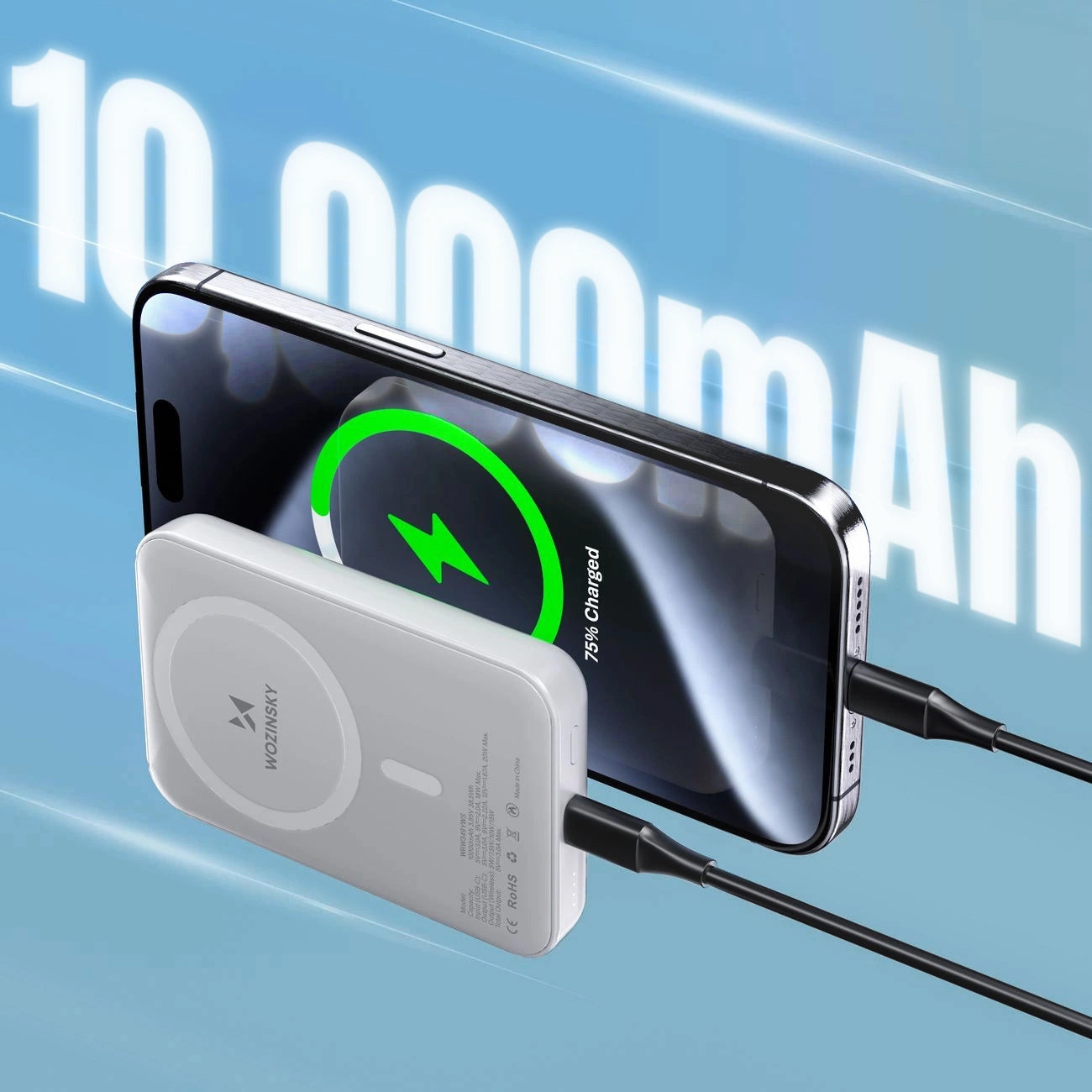 Ekstern trådløs batteri WZK WRW349YWS, 10000mAh, 20W, PD + FQI, 1 x QI - 1 x USB-C, Hvid