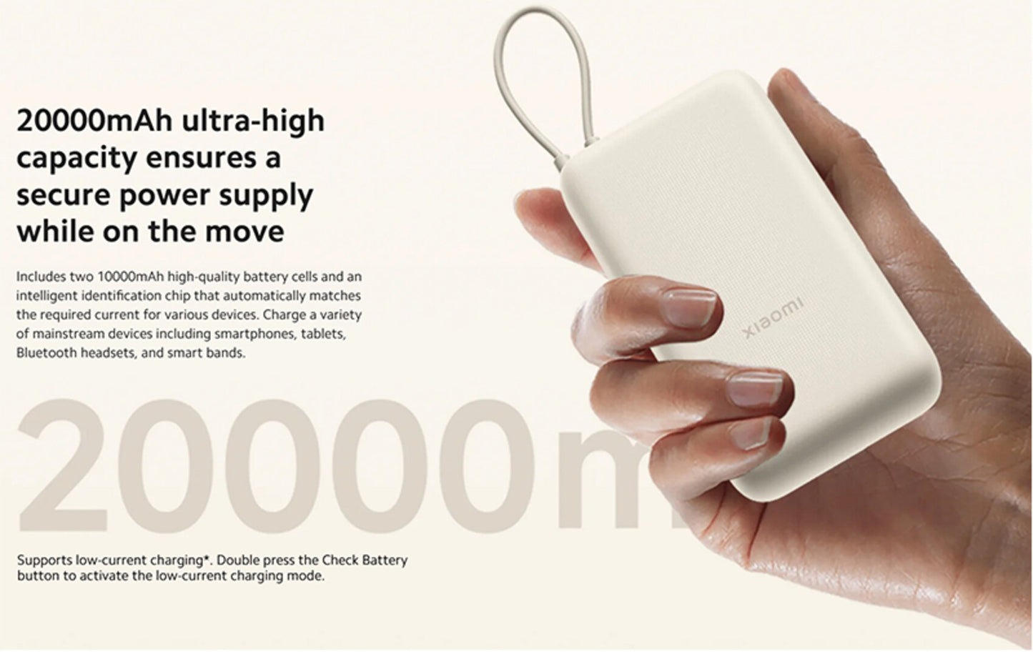 Ekstern Xiaomi-batteri, 20000mAh, 33W, QC + PD, 1 x USB-A - 2 x USB-C, Beige BHR8851GL